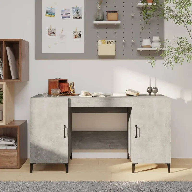 birou, gri beton, 140x50x75 cm, lemn compozit