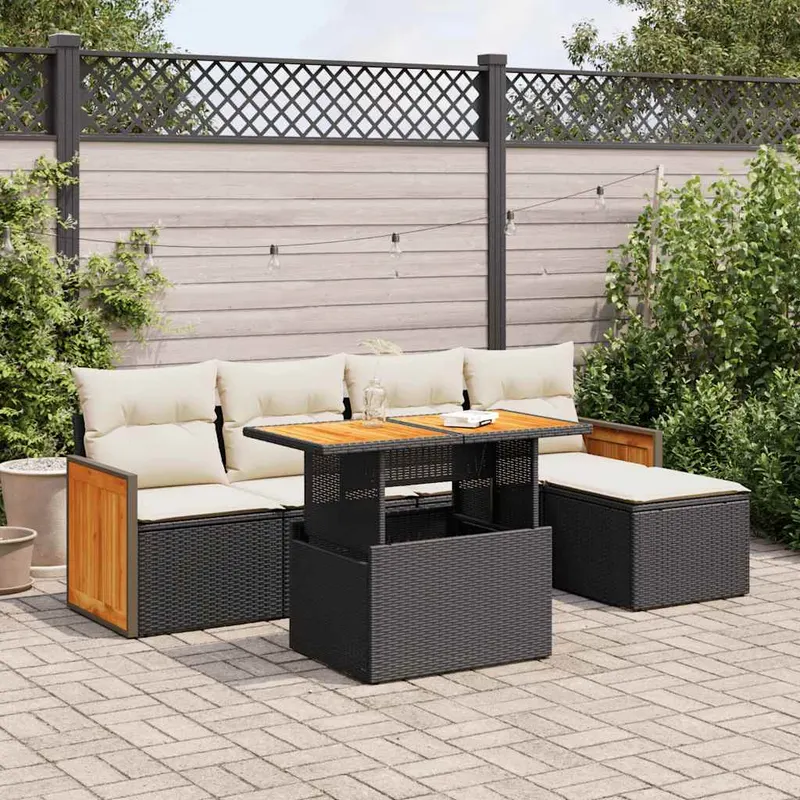 set mobilier gradina perne 6 piese negru poliratan/lemn acacia