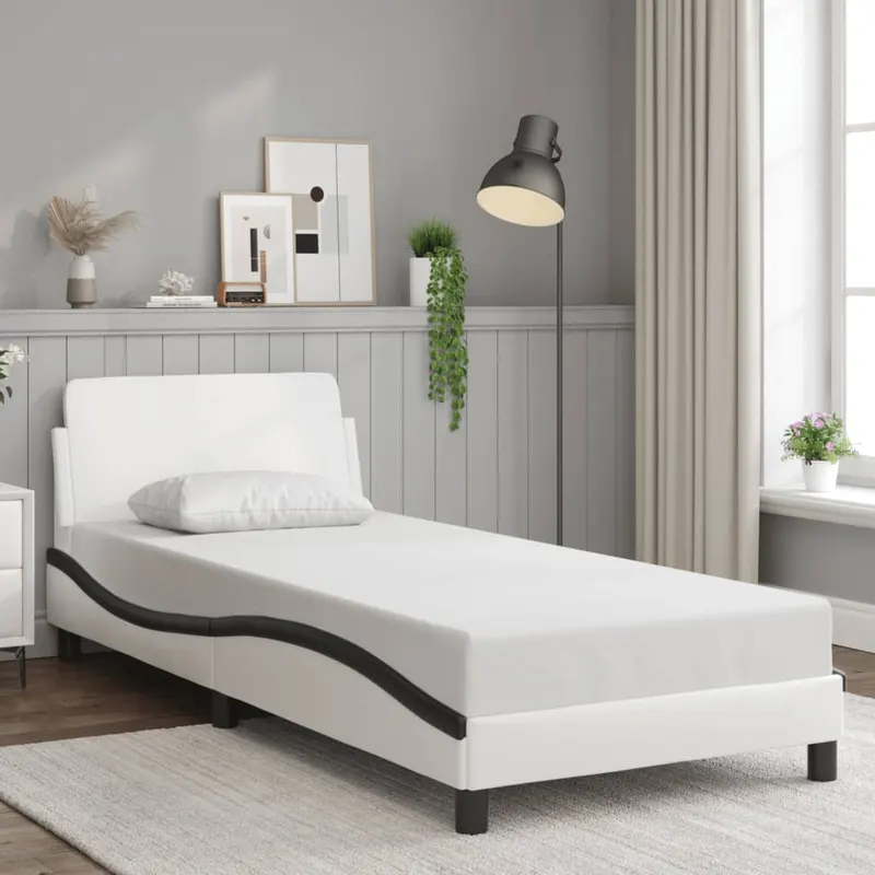cadru de pat cu tablie alb si negru 90x190 cm piele artificiala