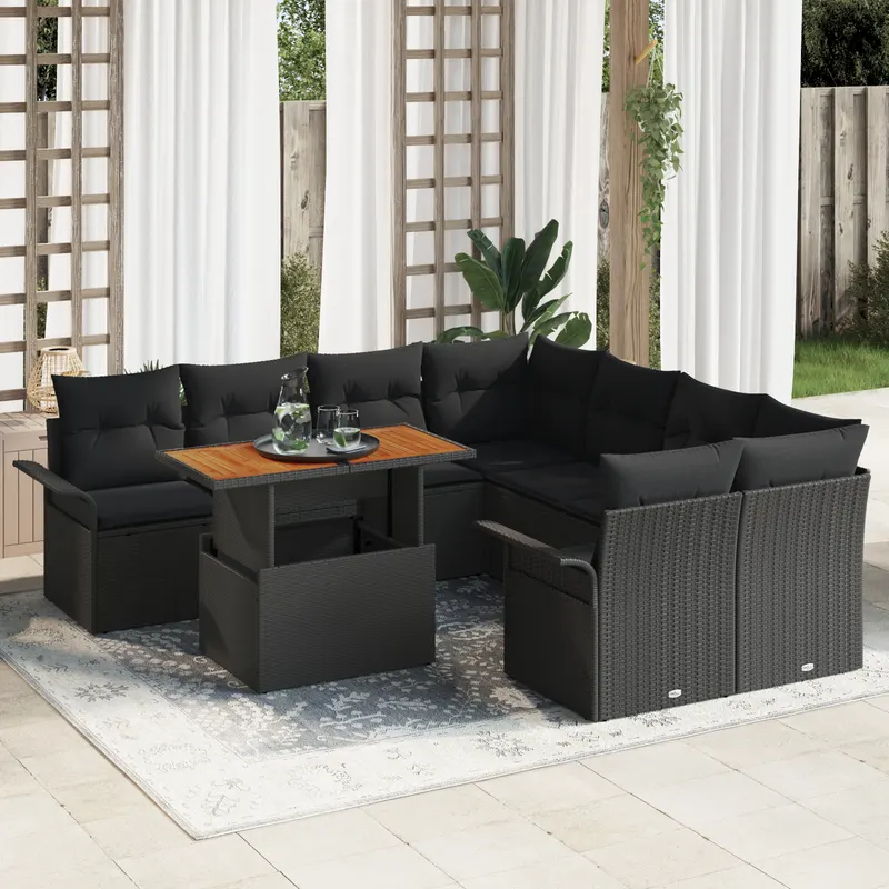 Set canapele gradina 9 piese cu perne negru ratan poli, canapea gradina 2 locuri cu depozitare si perne negru ratan poli