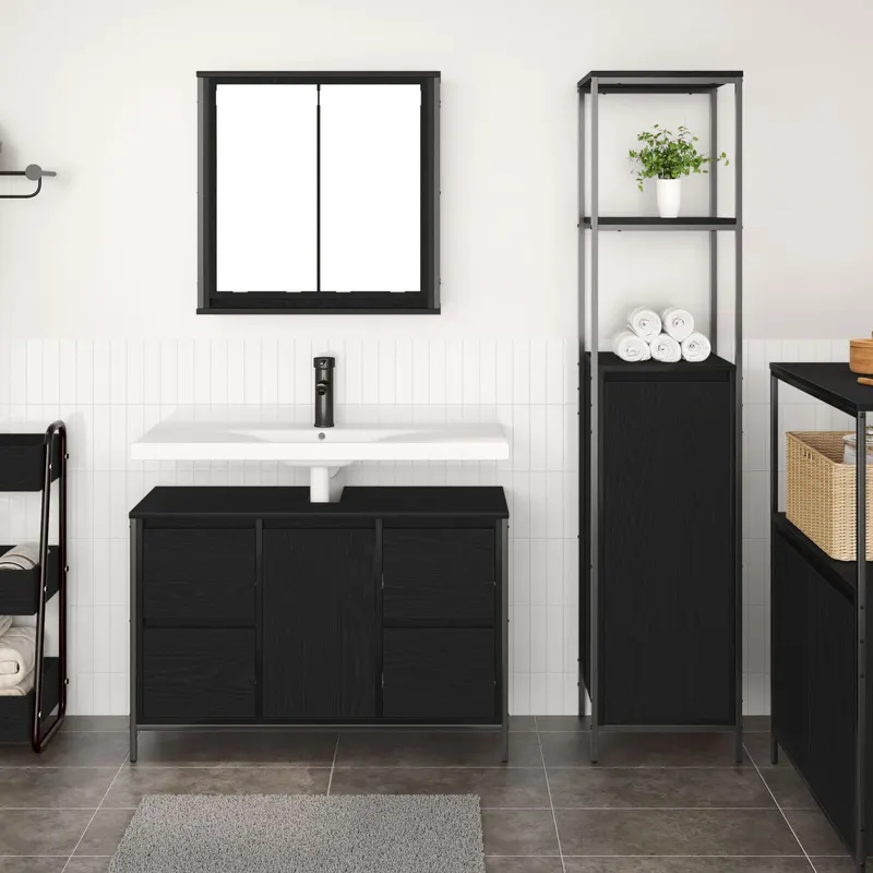 Set de mobilier pentru baie 2 piese din lemn ingineresc, stejar negru