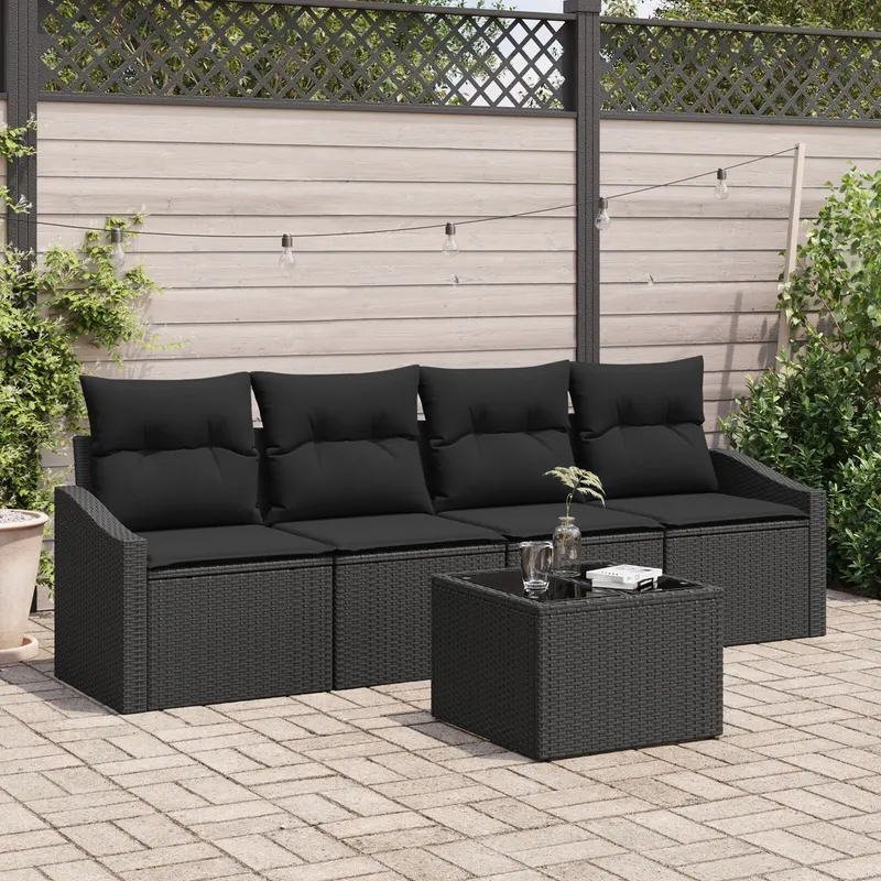 set de dining pentru gradina cu 5 piese si perne din ratan negru poli