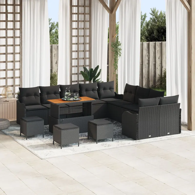 Set de canapele de gradina cu 13 piese si perne negru poliratán acacia, sofa de gradina cu 2 locuri si perne negru poliratán, set de masa de gradina cu 3 piese si perne negru poliratán acacia