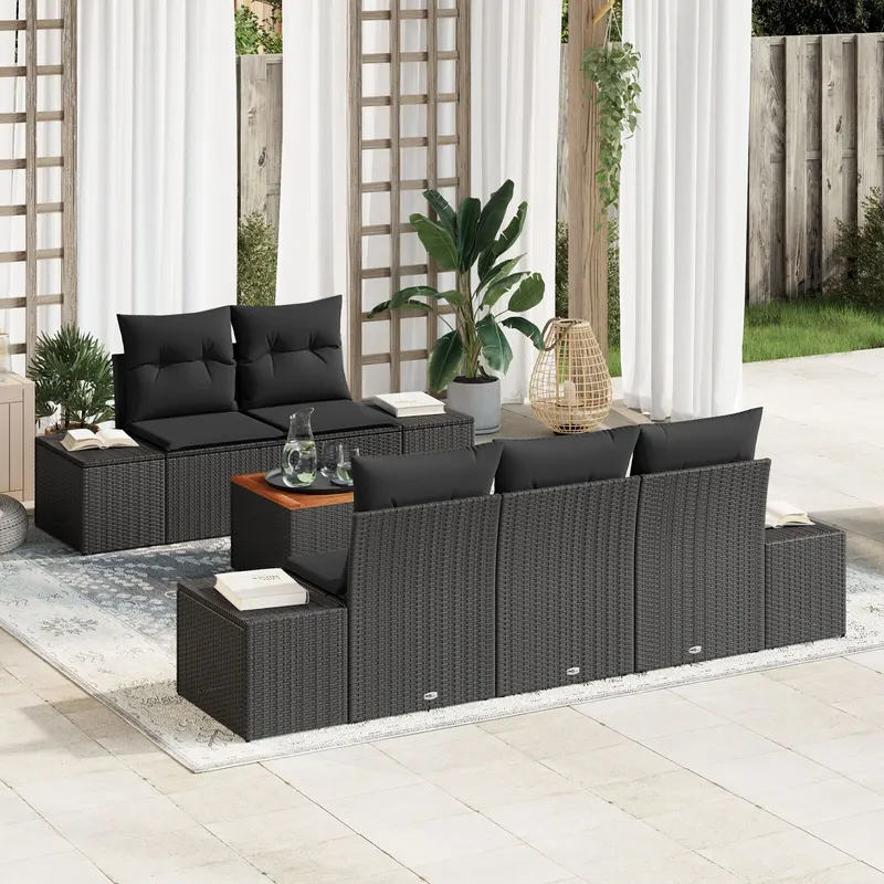 set de canapele de gradina cu 6 piese cu perne, ratan sintetic negru, acacia