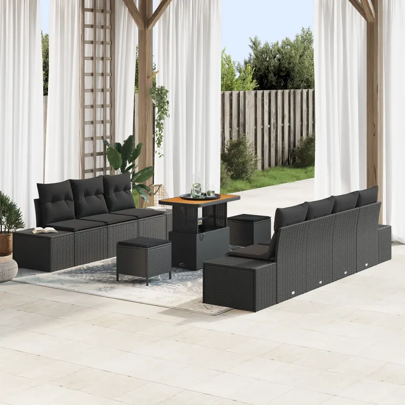 Set de sofa pentru gradina cu 10 piese si perne negru poliratan acacia, sofa pentru gradina cu 2 locuri si perne negru poliratan, set de dining pentru gradina cu 3 piese si perne negru poliratan acacia