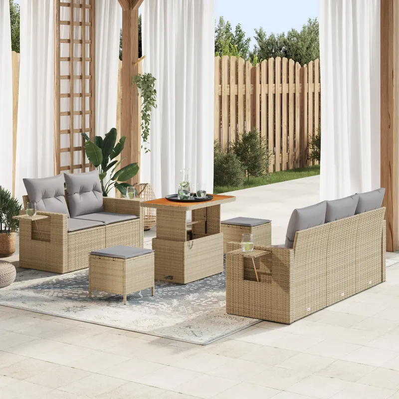 Set canapea gradina cu pernute bej ratan poli si acacia, set dining gradina cu pernute bej ratan poli si acacia