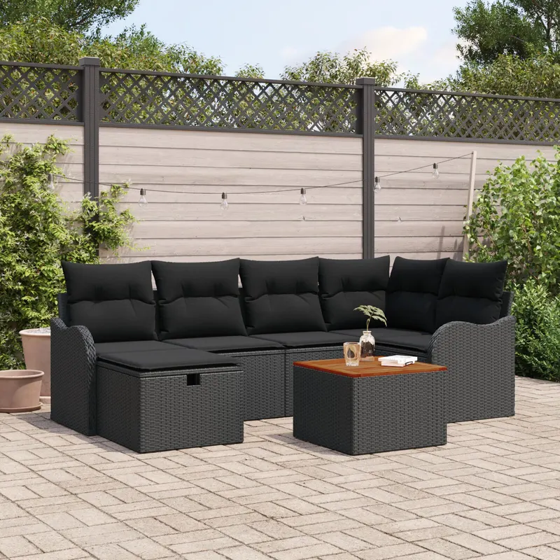 set canapea de gradina de 7 piese cu perne din poliratan negru, canapea de gradina pentru 2 persoane cu perne din poliratan negru