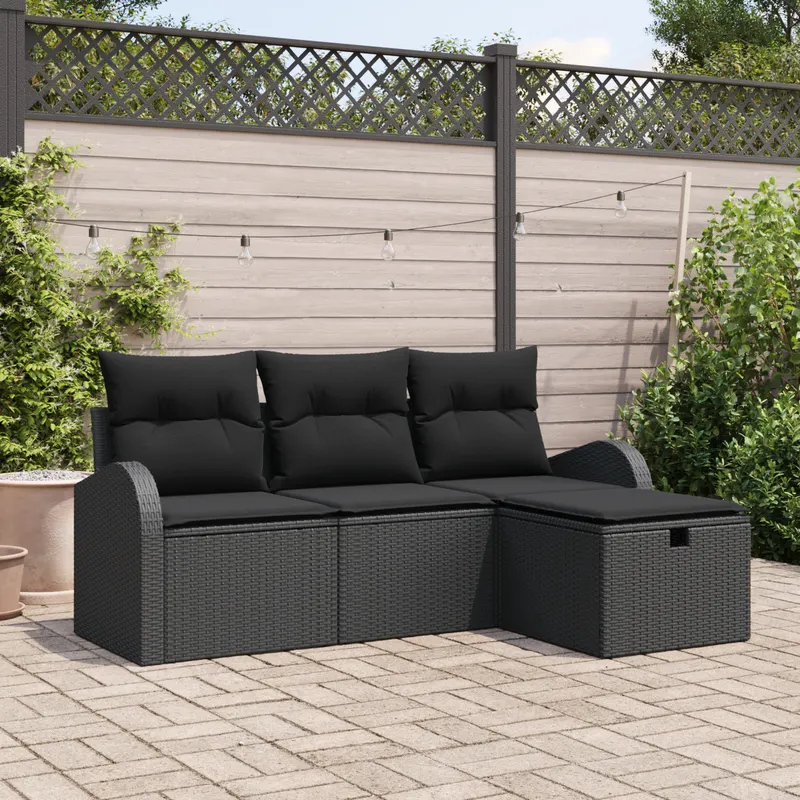 set de canapea de gradina cu pernite negru din poli ratan - 4 piese