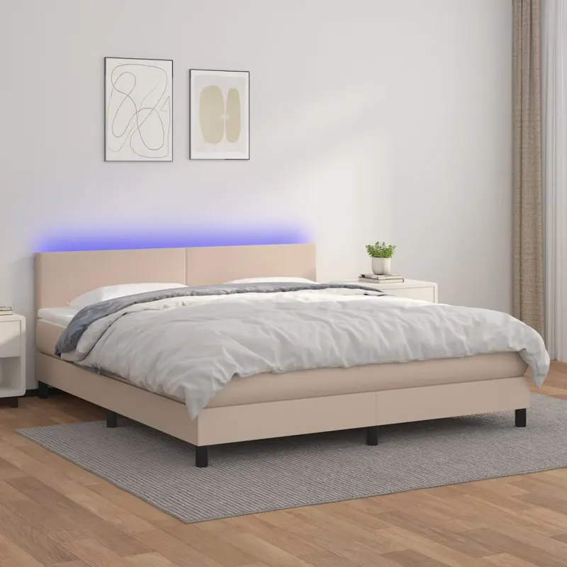 pat cu arcuri, cu saltea si led cappuccino 180x200 cm piele eco