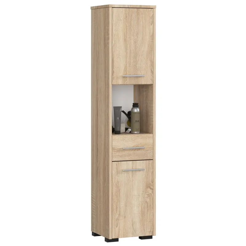Dulap baie pal tip coloana 2 usi sertar rafturi, 30x30x140 cm, design natural, stejar sonoma