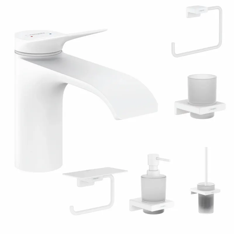 Set baterie lavoar Hansgrohe Vivenis si accesorii baie Hansgrohe AddStoris, alb