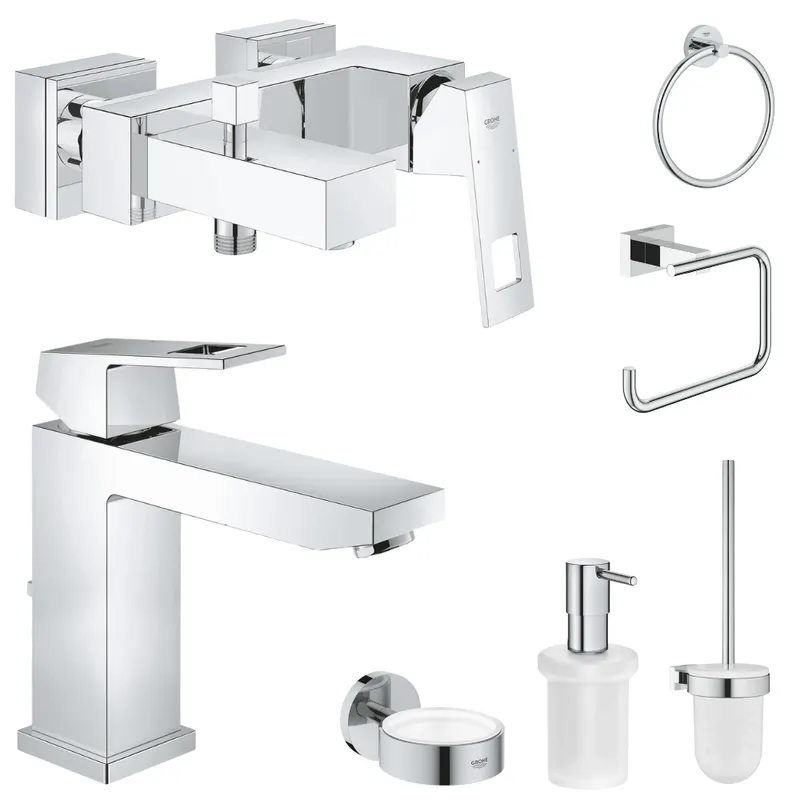 Set baterie cada si baterie lavoar Grohe Eurocube cu accesorii baie Grohe Essentials, crom lucios