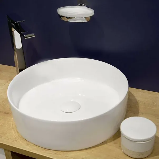 Lavoar pe blat Fluminia Jasmin, rotund, D37.5cm, fara orificiu baterie, ceramica sanitara, alb