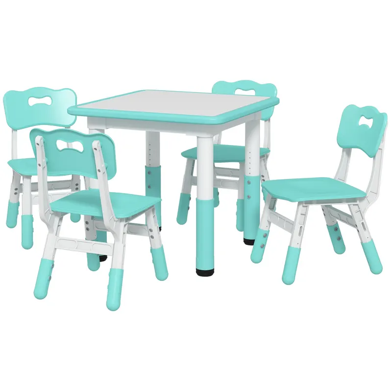 AIYAPLAY Set Măsuță și Scaune pentru Copii 18-60 Luni cu Înălțime Reglabilă și Tablă de Scris, 60x60x46-58 cm, Verde