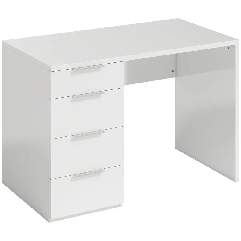 HOMCOM Birou Compact, 110x61.5x75 cm Birou Modern cu 4 Sertare, Masă pentru Computer, Cameră și Birou, Alb Lucios