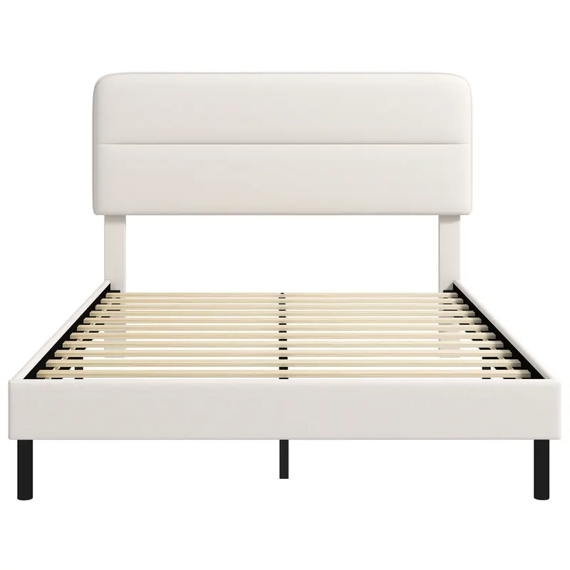 HOMCOM Cadru pat 140 x 200 cm cu tăblie reglabilă, pat tapițat cu aspect de in și 12 lamele din placaj, bej