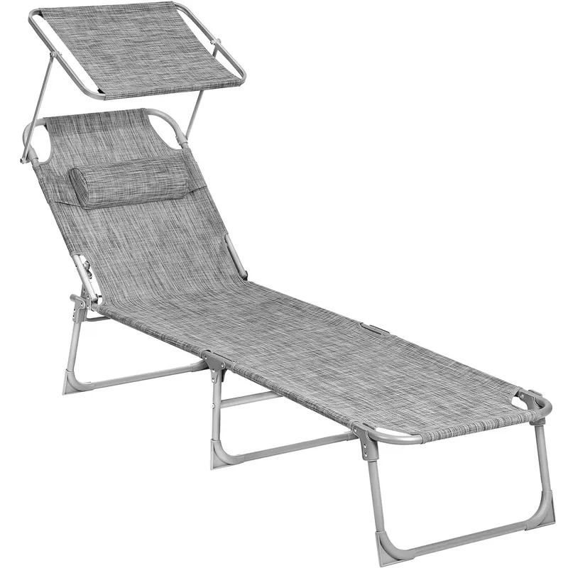 Sezlong pliabil cu parasolar si tetiera, spatar reglabil 4 pozitii, tesatura sintetica respirabila, max 150 kg, 193x53x29 cm, gri deschis