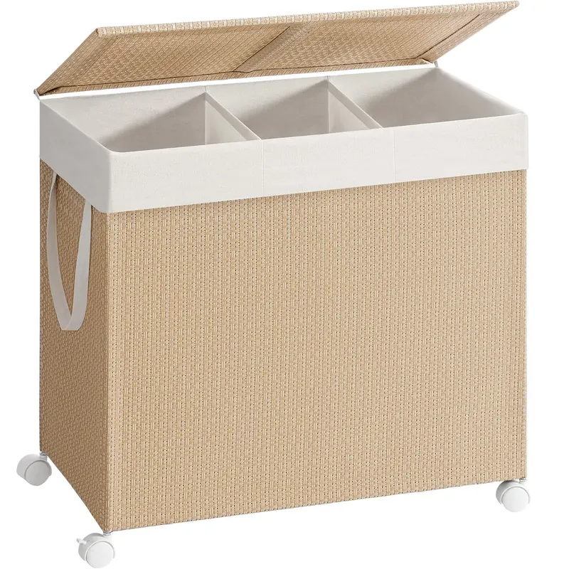 Cos rufe ratan sintetic 140l 3 compartimente roti frana, 66x38x65 cm, design elegant, bej natur