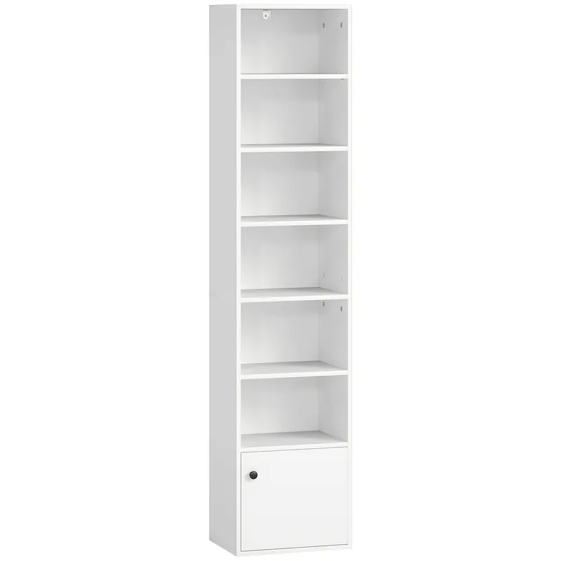 HOMCOM Bibliotecă de 7 Niveluri Etajeră Modernă pentru Cărți cu Polițe Deschise și Ușă 40x30x180 cm Alb