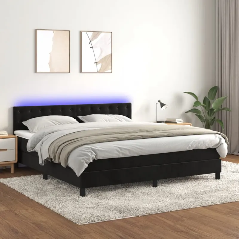 pat cu arcuri, saltea si led, negru, 180x200 cm, catifea