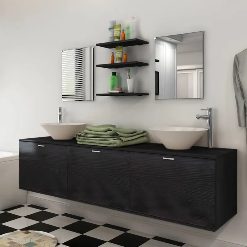 set mobilier baie 10 piese, chiuvete si robinete incluse, negru