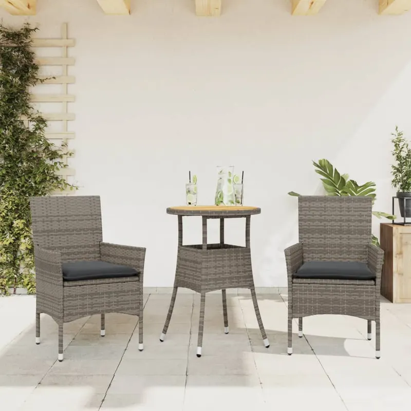 set mobilier gradina cu perne 3 piese gri poliratan/lemn acacia