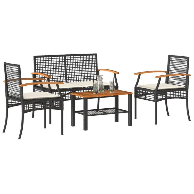 set mobilier relaxare gradina 4 piese cu perne poliratan negru