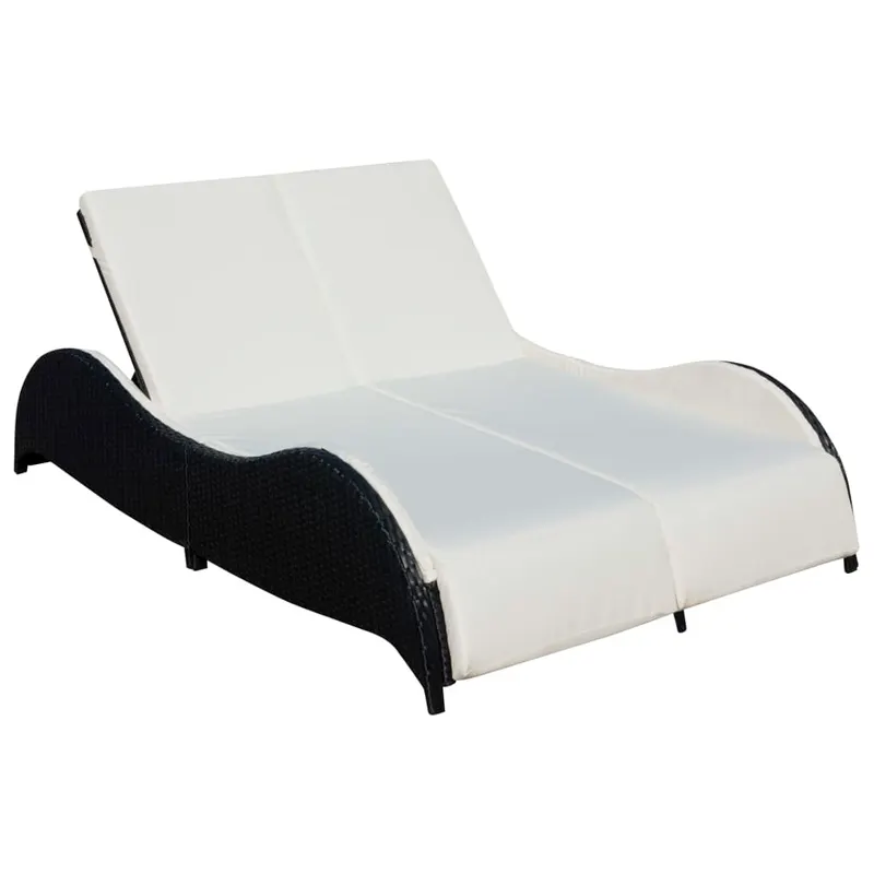 Șezlong de plaja dublu cu perna, negru, poliratan