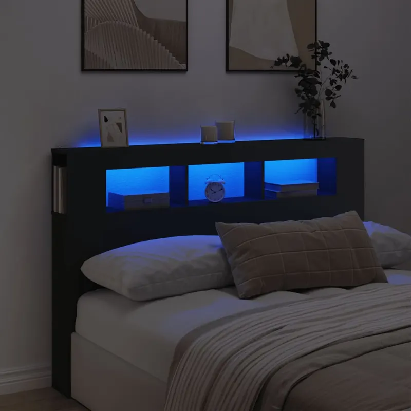 tablie de pat cu led, negru, 160x18,5x103,5 cm, lemn