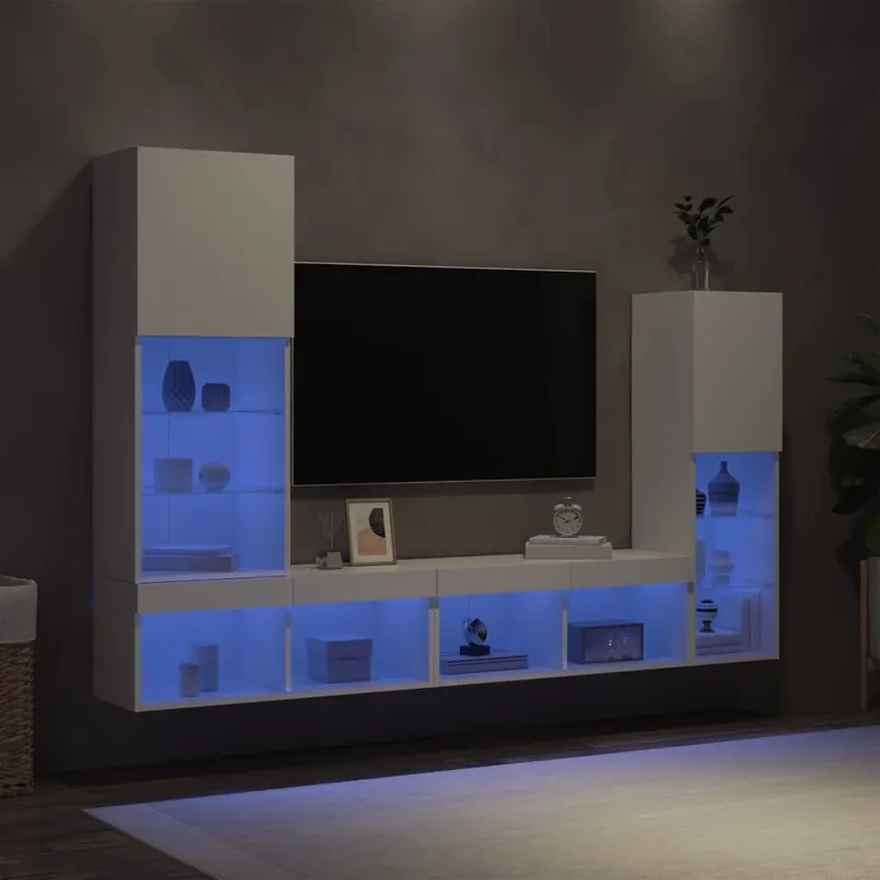 unitati de perete tv cu led-uri, 4 piese, alb, lemn prelucrat