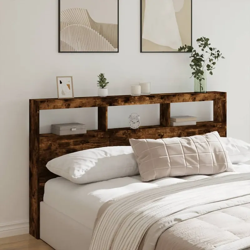 tablie de pat cu dulap si led, stejar fumuriu, 180x17x102 cm