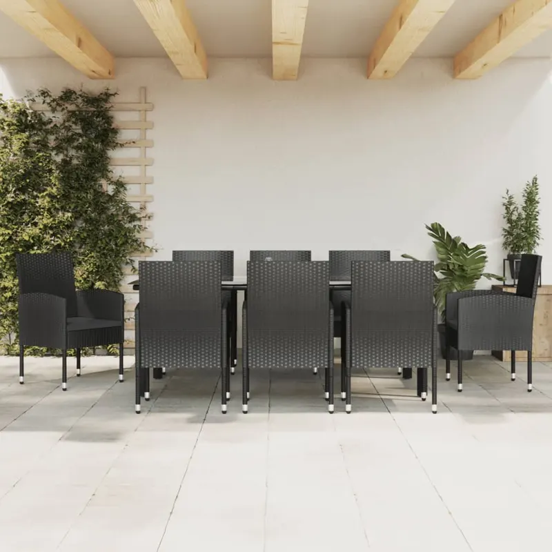 set mobilier de gradina, 9 piese, negru, poliratan si otel