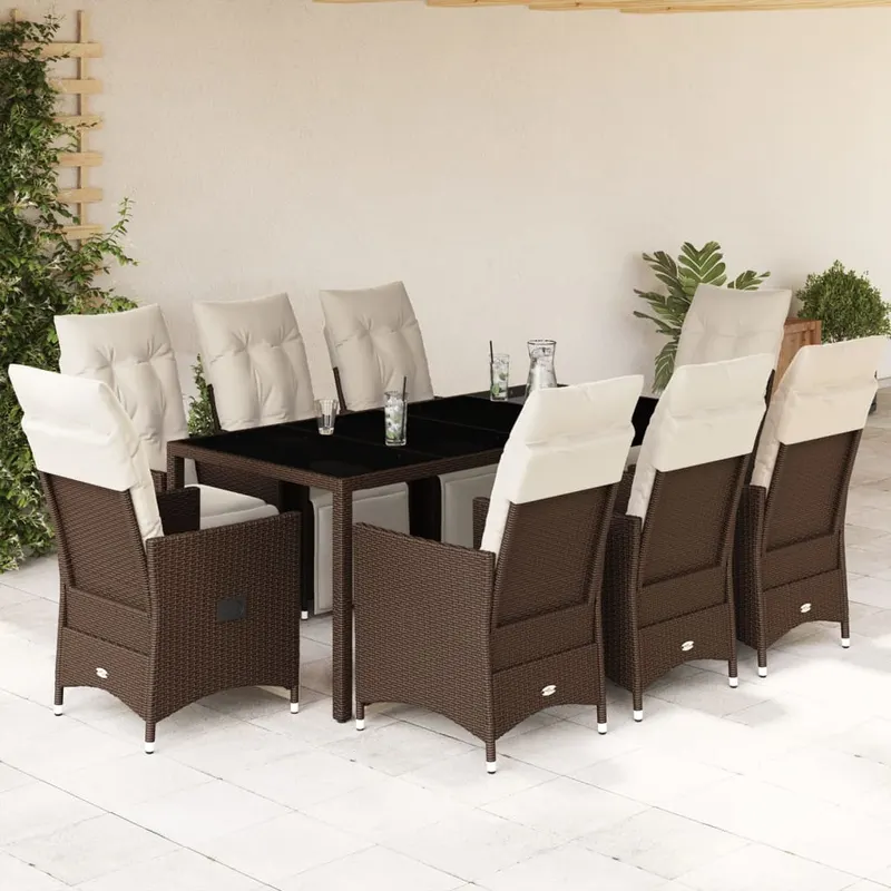 set bistro de gradina cu perne, 9 piese, maro, poliratan