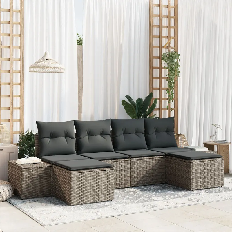 set canapea de gradina 6 piese cu perne gri din poliratan