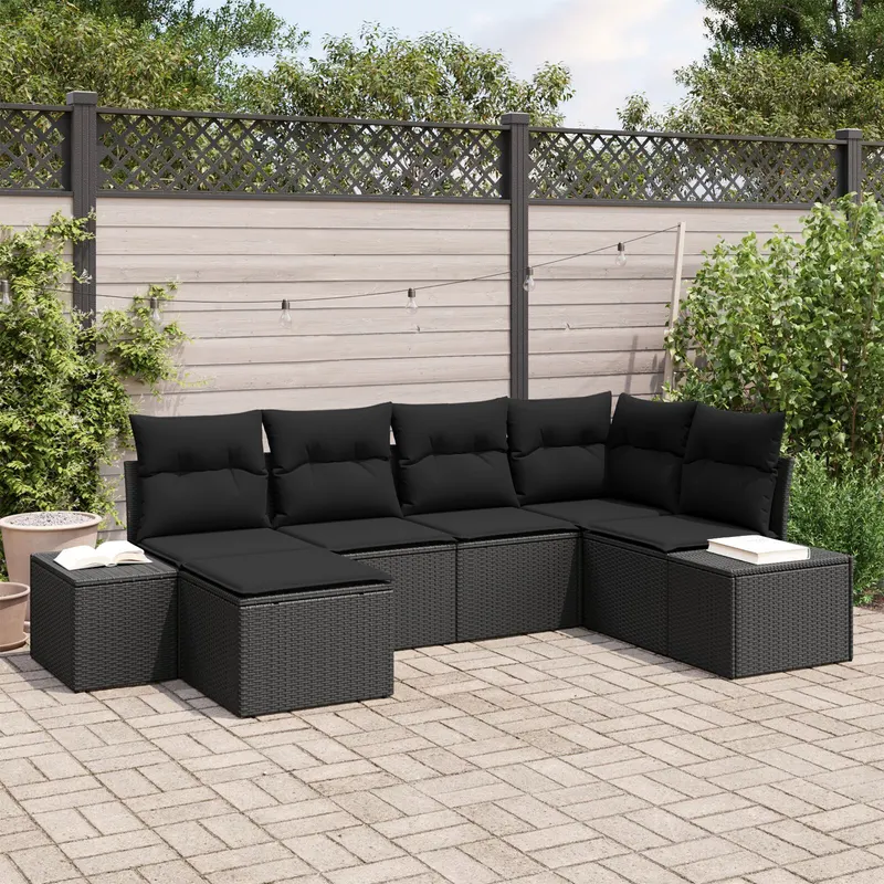 set canapea gradina cu 6 piese cu perne negru ratan poli