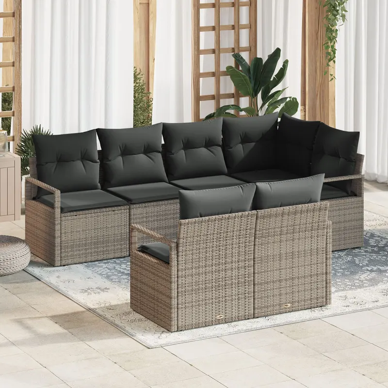 Set de 7 piese pentru gradina cu perne gri ratan poli, canapea de gradina pentru 2 persoane cu storage & perne gri ratan poli