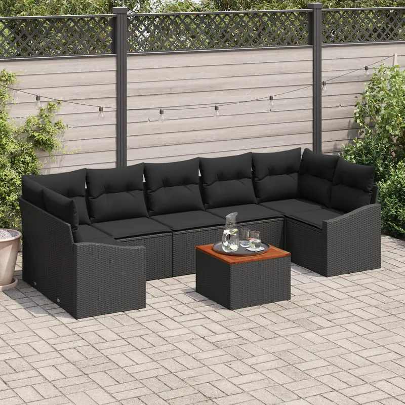 set de canapea de gradina , 8 piese cu perne, ratan plastic negru si lemn de acacia