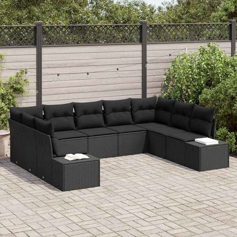 set de canapele 9 piese cu perne negru ratan poli
