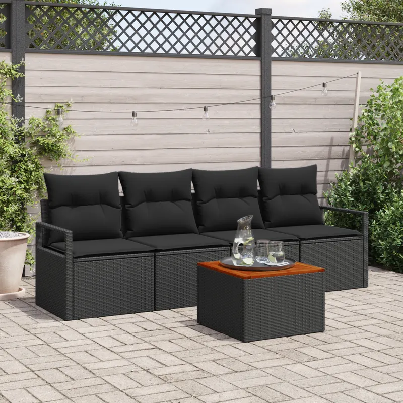 set de canapele pentru gradina cu 5 piese si perne negru poliratan acacia