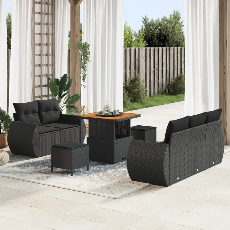 Set canapea gradina 8 piese cu perne negru ratan plastic acacia, set dining gradina 3 piese cu perne negru ratan plastic acacia
