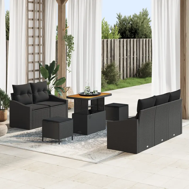 Set de 8 piese de sofa pentru gradina cu perne negru ratan poliesteric acacia, sofa de gradina cu 2 locuri si spatiu de depozitare & perne negru ratan poliesteric, set de dining pentru gradina cu 3 piese cu perne negru ratan poliesteric acacia