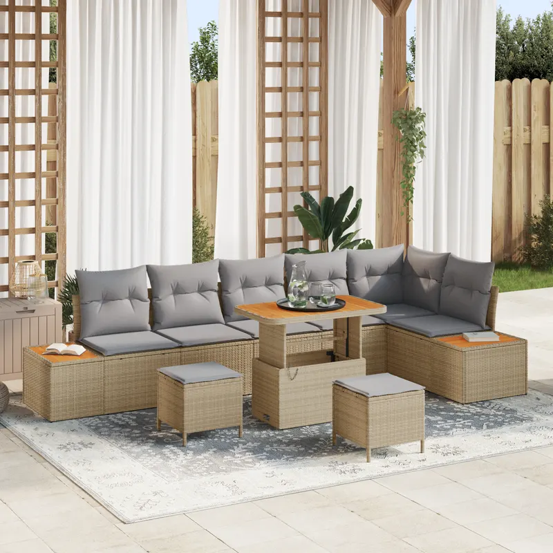 Set de canapea gradina cu 9 piese si perne bej poliratan acacia, set de dining gradina cu 3 piese si perne bej poliratan acacia