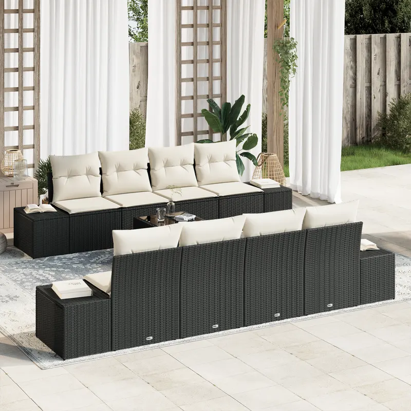 set de canapele de gradina cu 9 piese si perne, ratan poliat negru
