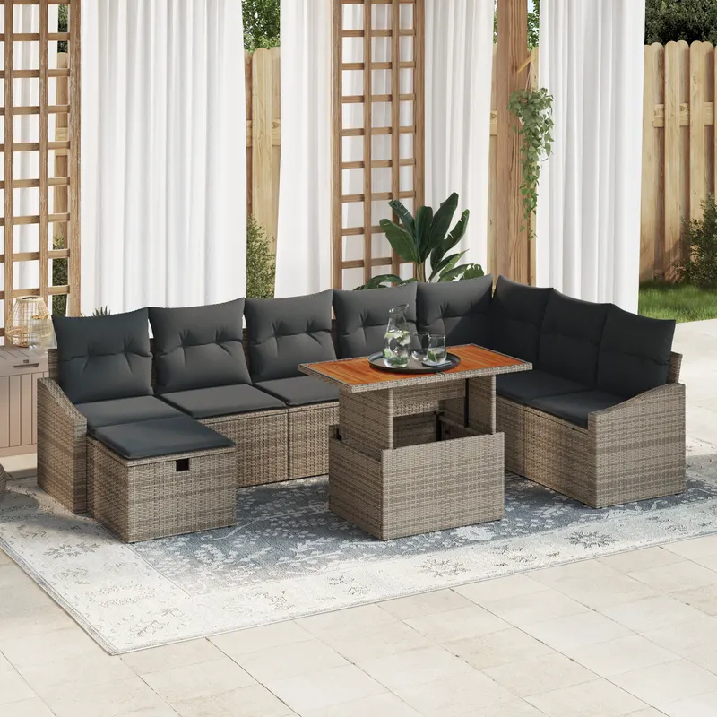 set canapele gradina cu 9 piese si perne gri din ratan polietilenic