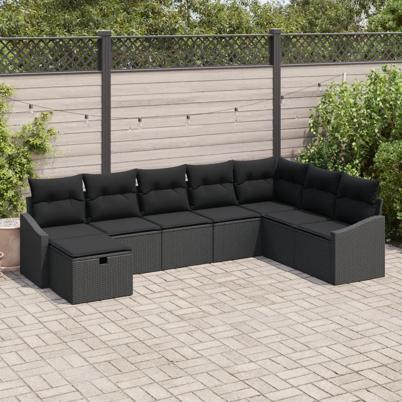 set canapea gradina de 8 piese cu perne negru ratan poli