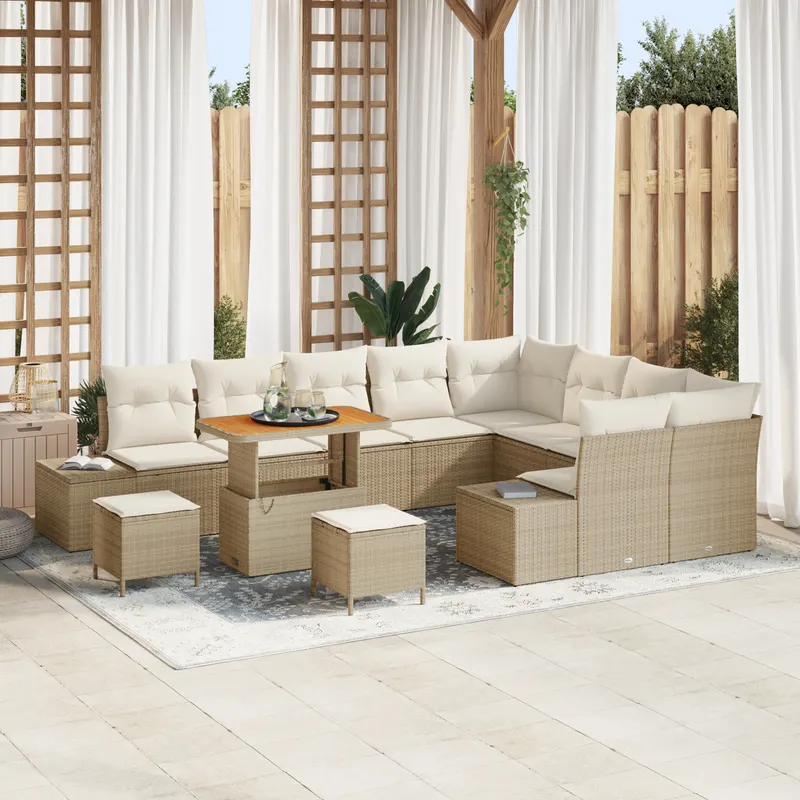set de canapea de gradina 12 piese cu perne bej rattan polietilenic acacia, set de masa de gradina 3 piese cu perne bej rattan polietilenic acacia, canapea de gradina cu 2 locuri si perne bej rattan polietilenic