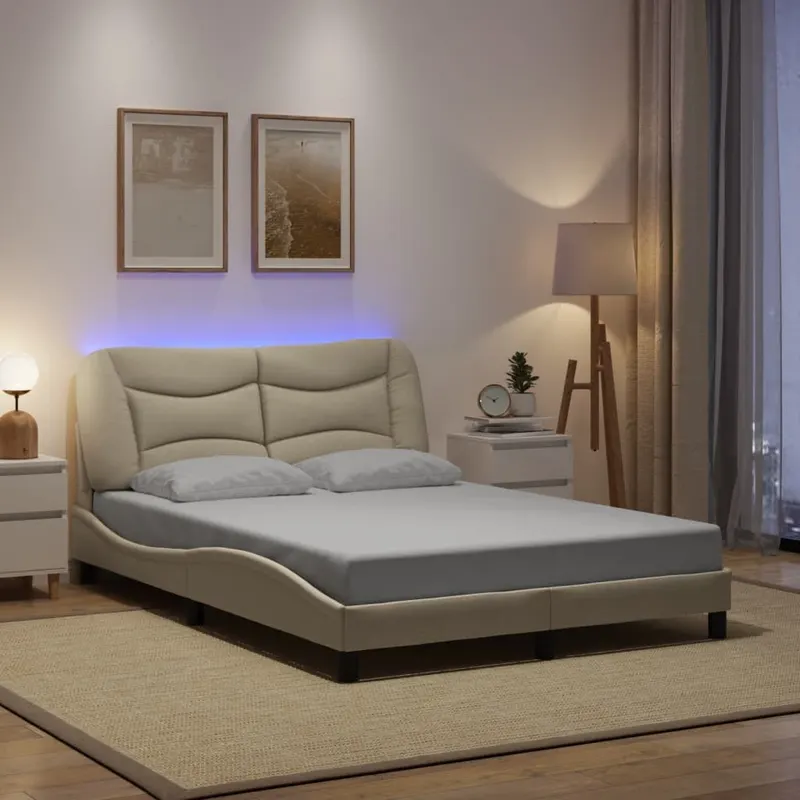 cadru de pat cu lumini led, crem, 120x200 cm, textil