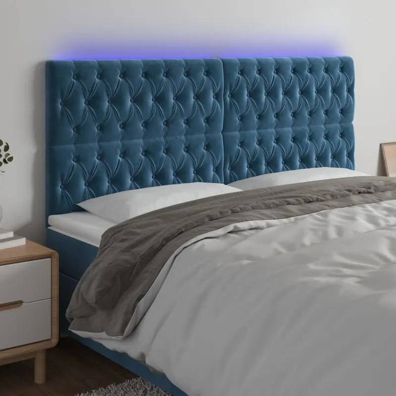 tablie de pat cu led, albastru inchis, 180x7x118/128cm, catifea