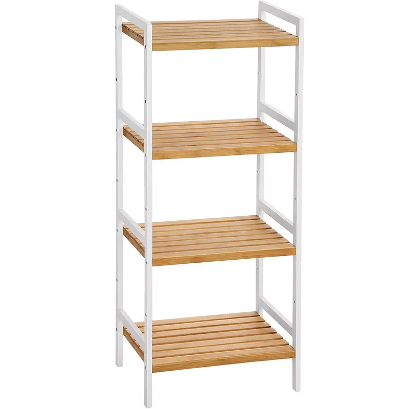 Raft din bambus cu 4 nivele reglabile, pentru bucatarie sau baie, 32x45x111 cm, alb si maro