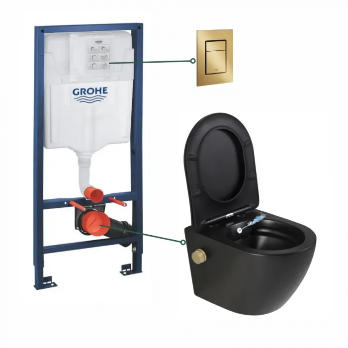 Set vas wc suspendat cu functie bideu si baterie inclusa auriu mat Oslo, rezervor wc incastrat si clapeta auriu periat, Grohe